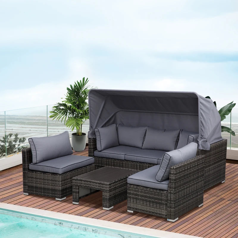 Outsunny 4-Piece Outdoor Rattan Wicker Sofa Set Patio Furniture Sets with Retractable Sun Canopy, Deep Soft Cushions, & Classic Design, Grey