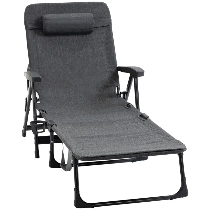 Outsunny Sling Fabric Lounge Chair Folding Sun Lounger w/ Headrest and Cup Holder, Grey