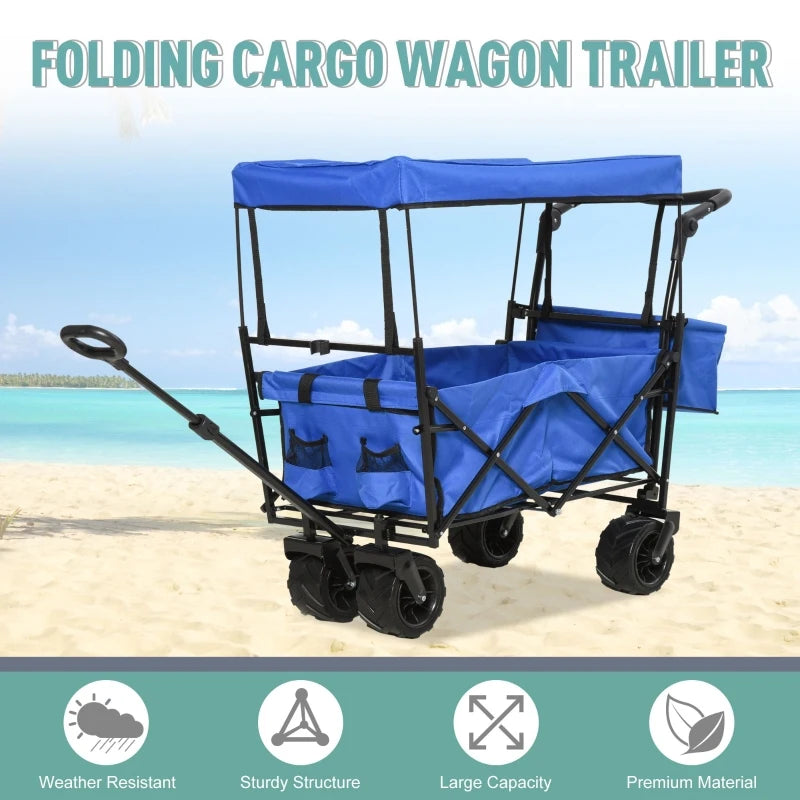 DURHAND Collapsible Folding Utility Garden Cart Wagon with Adjustable Push/Pull Handle, Canopy & All-Terrain Wheels - Blue