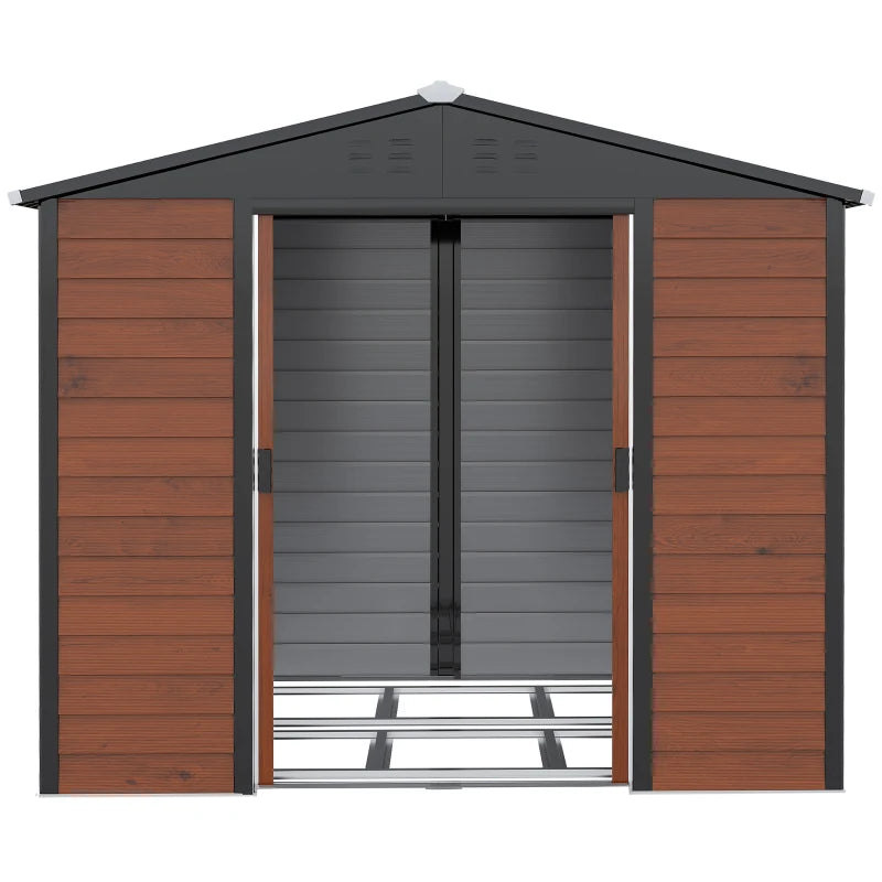Outsunny 8' x 7' Outdoor Storage Shed, Galvanized Steel Metal Garden Shed with Double Sliding Lockable Door, Floor Frame, Vents, Waterproof Tool Shed for Backyard, Lawn, Patio, Teak