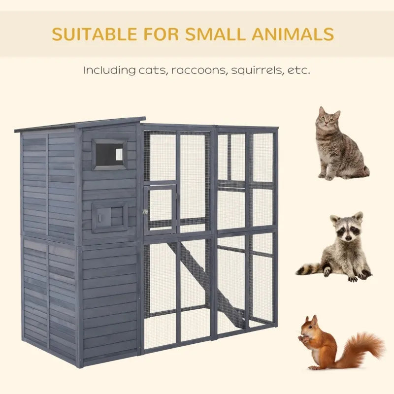 PawHut Large Wooden Outdoor Cat House Kitten Enclosure with Large Run, Asphalt Roof, Catio for Lounging, and Condo Area for Sleeping - 77"L, Gray
