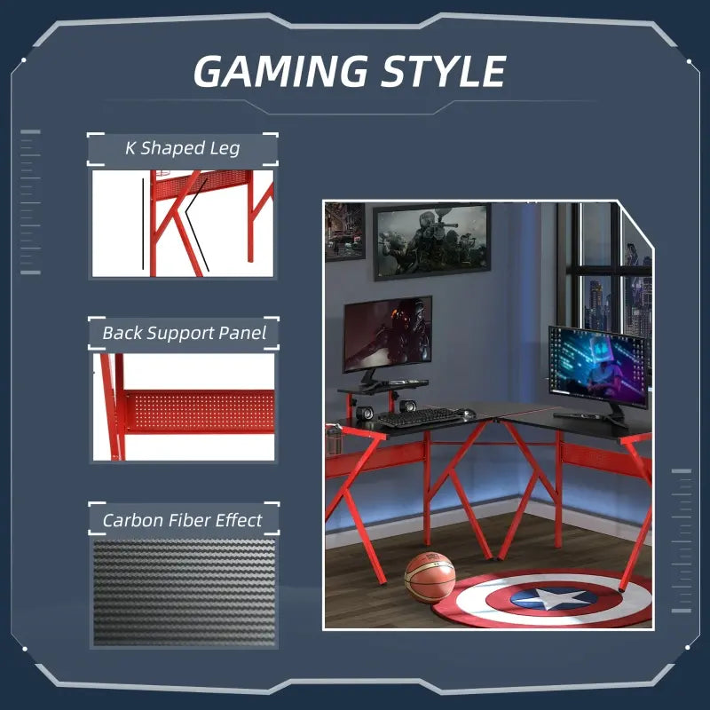HOMCOM 53" Gaming Desk, Racing Computer Desk with Monitor Shelf, Gamepad Rack, Cup Holder, Headphone Hook, and Cable Basket, Red