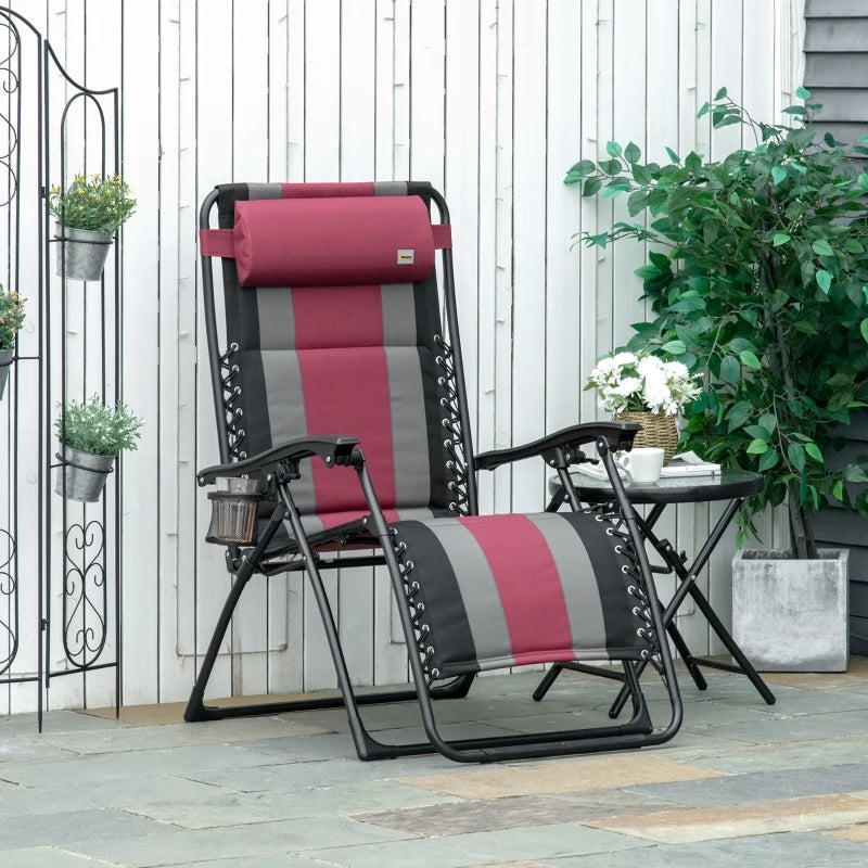 Outsunny XL Oversize Zero Gravity Recliner, Padded Patio Lounger Chair, Folding Chair with Adjustable Backrest, Cup Holder, and Headrest for Backyard, Poolside, Lawn, Striped, Wine Red
