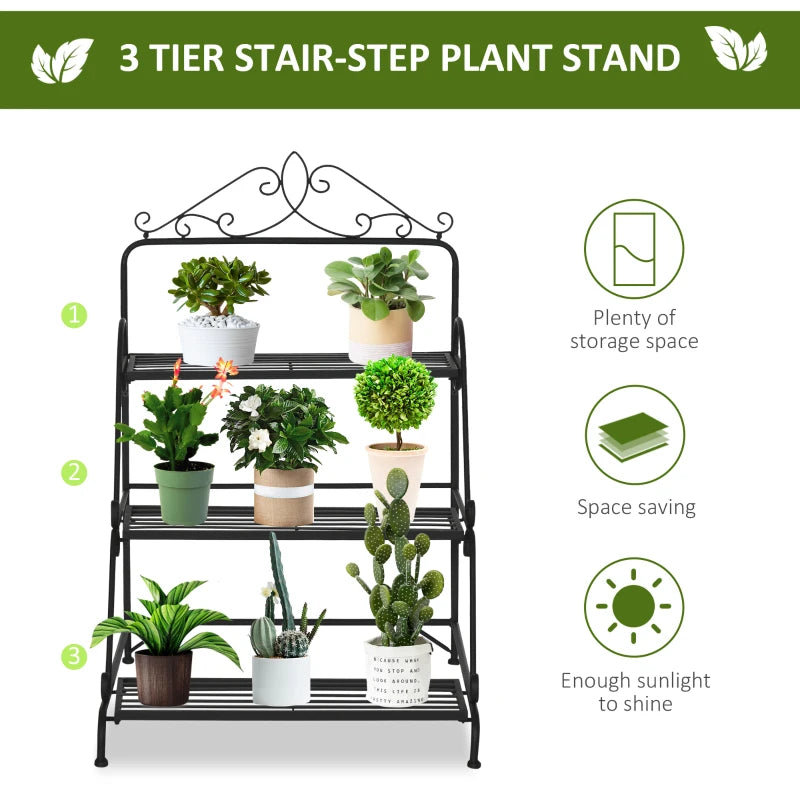 Outsunny Outdoor Plant Stand, 3 Tier Metal Plant Shelf, Stair Style Flower Stand, Plant Display Storage Organizer for Indoor Outdoor Patio Balcony Yard