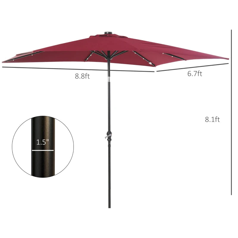 Outsunny 9' x 7' Patio Umbrella Outdoor Table Market Umbrella with Crank, Solar LED Lights, 45° Tilt, Push-Button Operation, for Deck, Backyard, Pool and Lawn, White