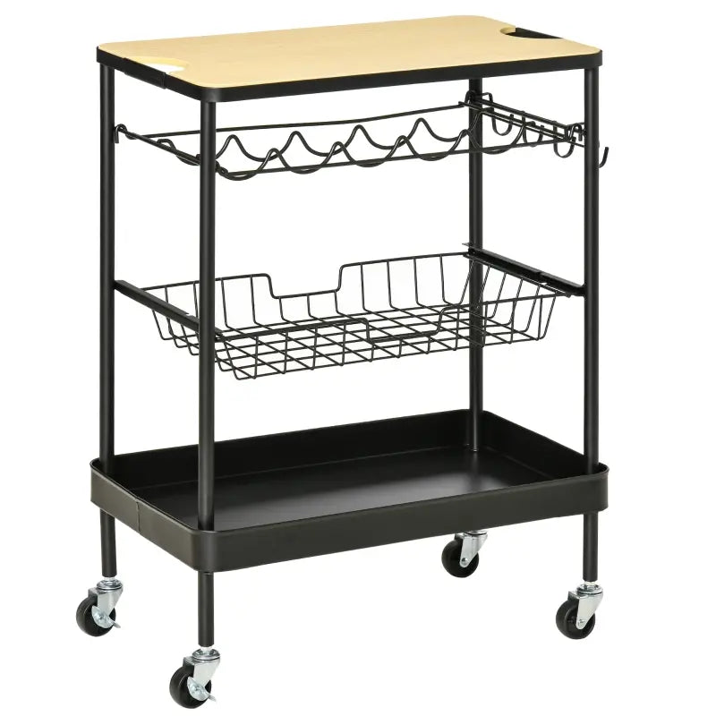 HOMCOM Rolling Kitchen Cart, 3-Tier Utility Storage Trolley with Wine Rack, Mesh Drawer & Side Hooks for Dining Room