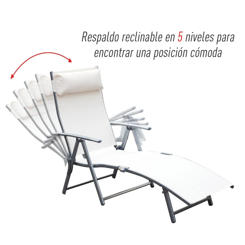 Outsunny Outdoor Folding Chaise Lounge Chair, Portable Lightweight Reclining Sun Lounger with 7-Position Adjustable Backrest & Pillow for Patio, Deck, and Poolside, Cream White