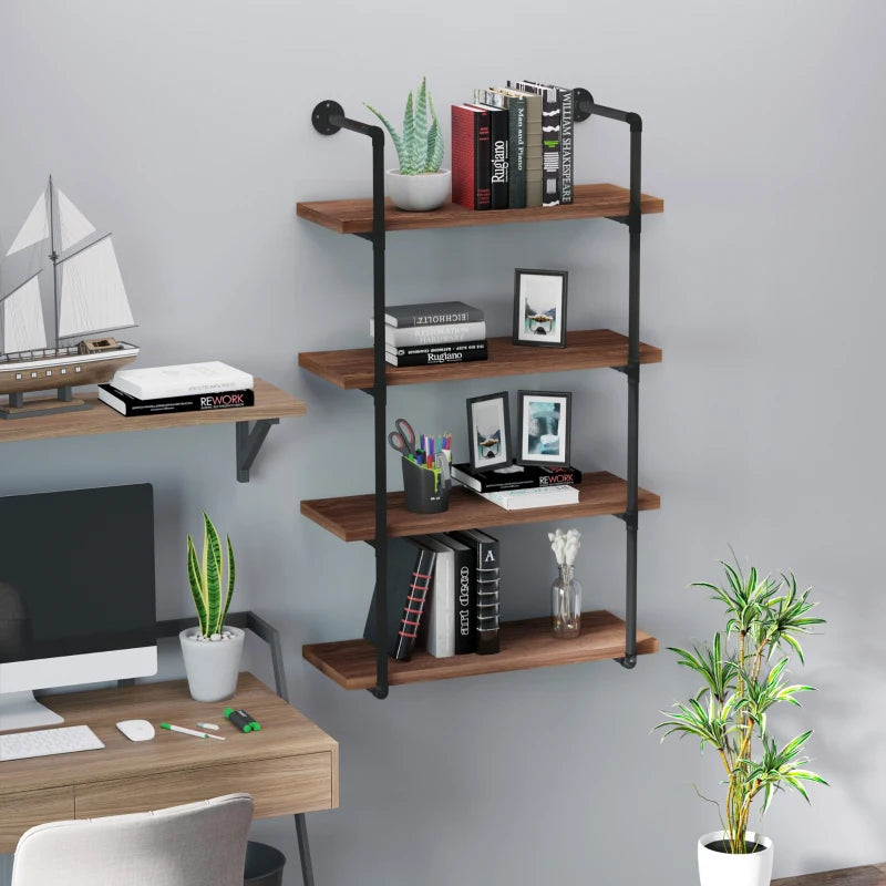 HOMCOM Industrial Pipe Style Shelf 3-Tier Wall-Mounted Utility Bookcase Floating Storage Rack with Metal Frame, Rustic Brown
