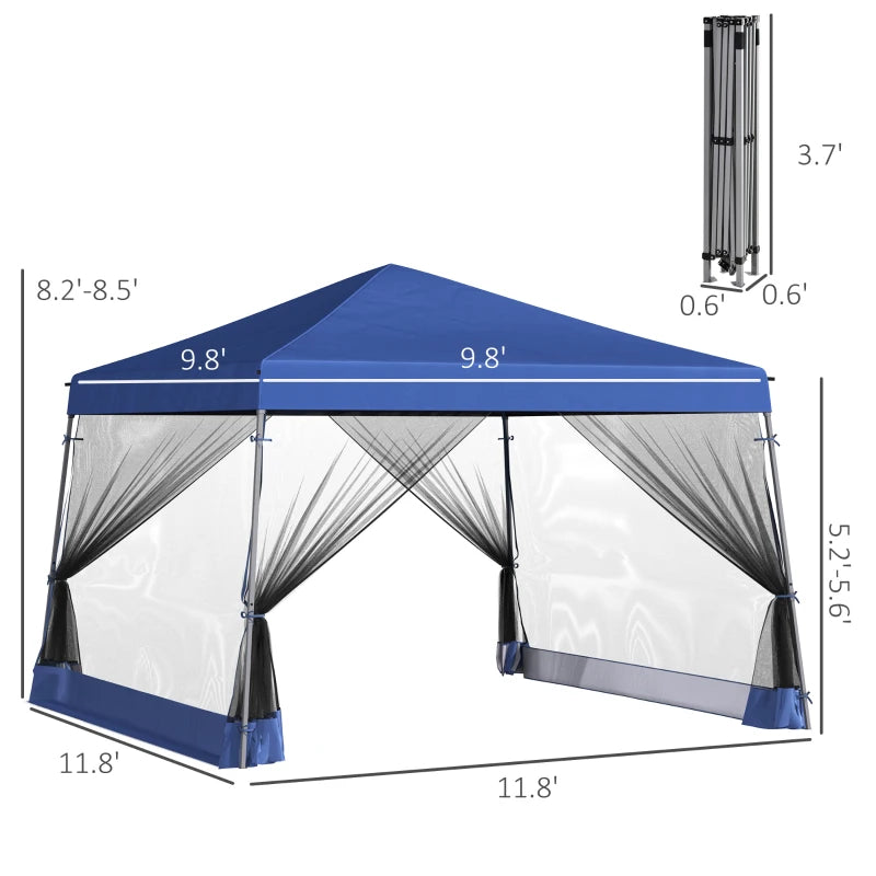 Outsunny Slant Leg Pop Up Canopy Tent with Netting and Carry Bag, Instant Sun Shelter, Tents for Parties, Height Adjustable, for Outdoor, Garden, Patio, (11.5'x11.5' Base / 10'x10' Top), Blue