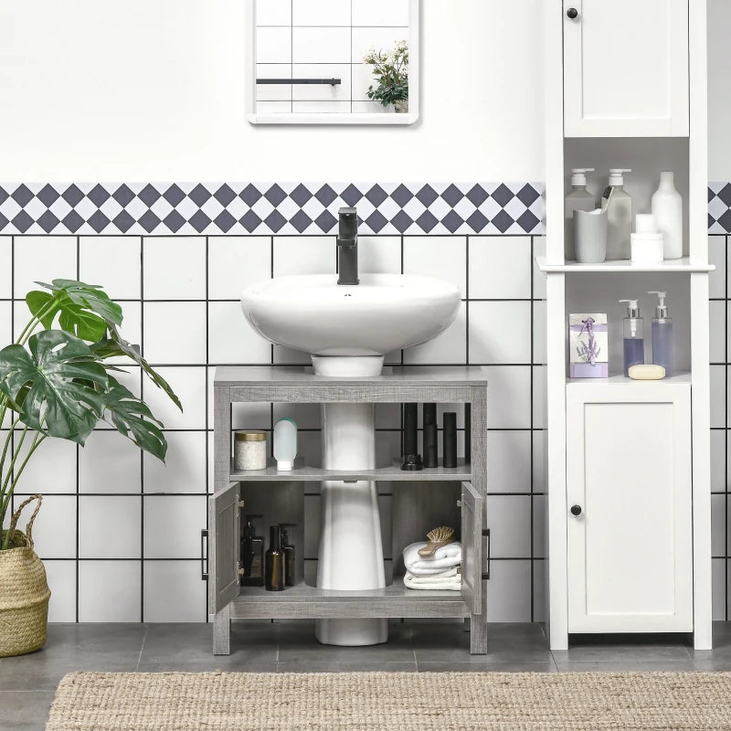 kleankin Pedestal Sink Storage Cabinet, Bathroom Under Sink Cabinet with 2 Doors and Open Shelf, Bathroom Vanity, Space Saver Organizer, Grey