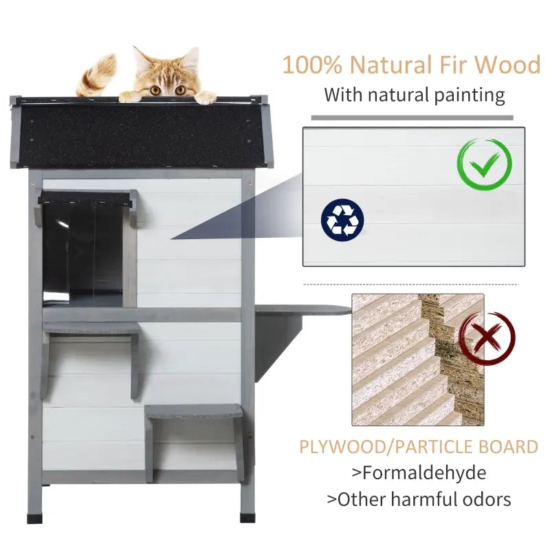 PawHut Wooden Cat House Outdoor with Escape Door, Weatherproof 2-Story Outside Cat Enclosure for Feral Cats with Openable Asphalt Roof, Jumping Platforms, Natural
