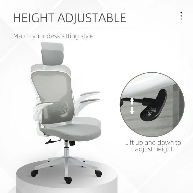 Vinsetto High Back Mesh Chair, Home Office Task Computer Chair with Adjustable Height, Lumbar Back Support, Headrest, and Arms, Grey