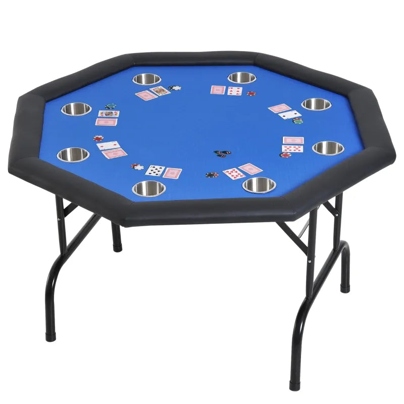 Soozier 48" 8 Player Octagon Poker Table with Cup Holders Folding Top - Blue Felt