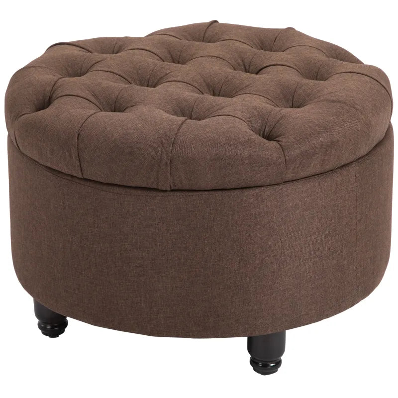 HOMCOM Round Linen-touch Fabric Storage Stool Ottoman Button Tufted Footrest with Removable Lid, Brown