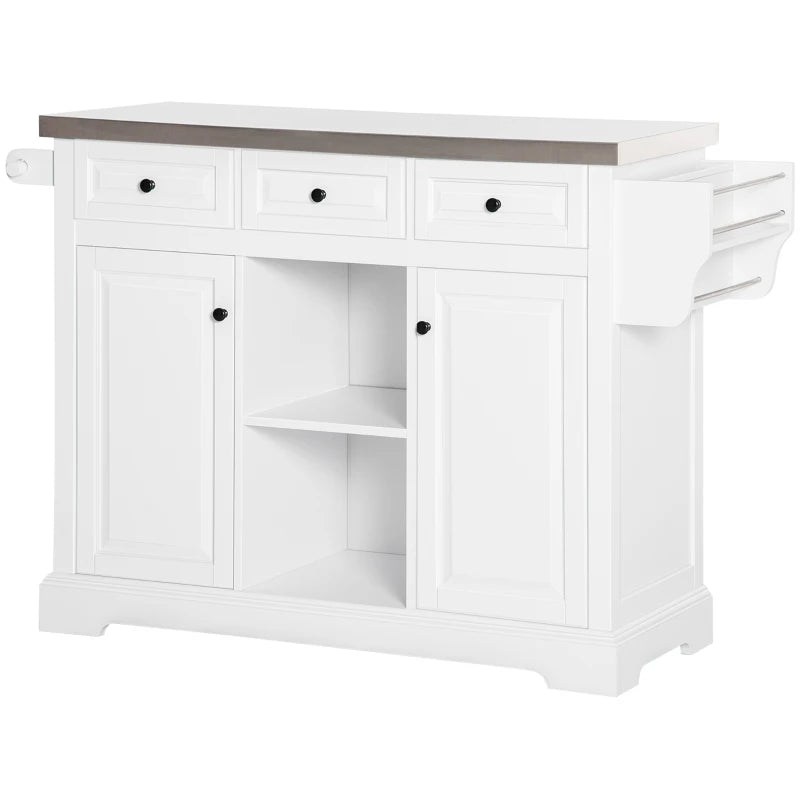 HOMCOM Rolling Kitchen Island with Storage, Kitchen Cart with Stainless Steel Top, Spice Rack & Drawers, White