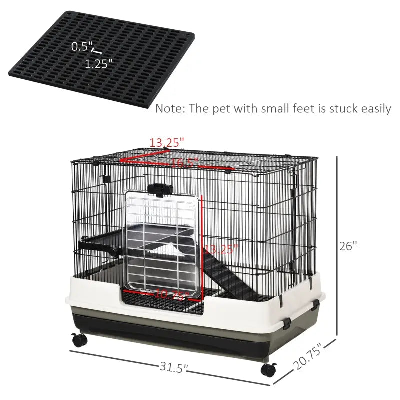 PawHut 2-Level Small Animal Cage Rabbit Hutch with Wheels, Removable Tray, Platform and Ramp for Bunny, Chinchillas, Ferret, White