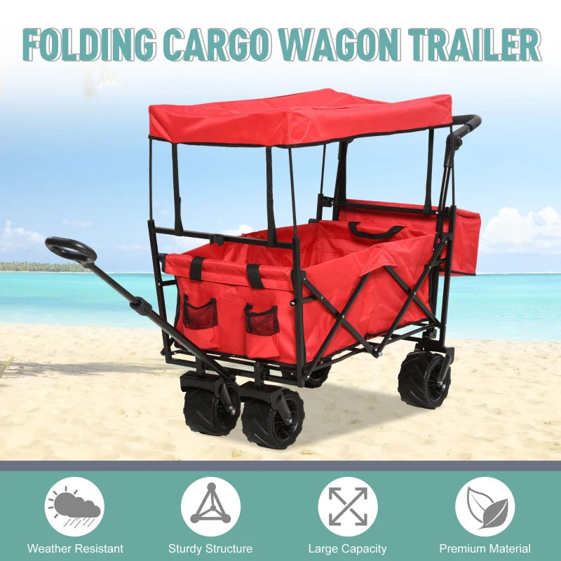 DURHAND Collapsible Folding Garden Utility Cart Wagon with Adjustable Push/Pull Handle, Canopy & All-Terrain Wheels - Red