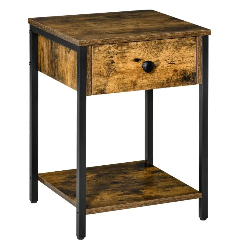 HOMCOM Industrial Side Table, End Table with Drawer and Storage Shelf for Living Room, Bedroom, Rustic Brown