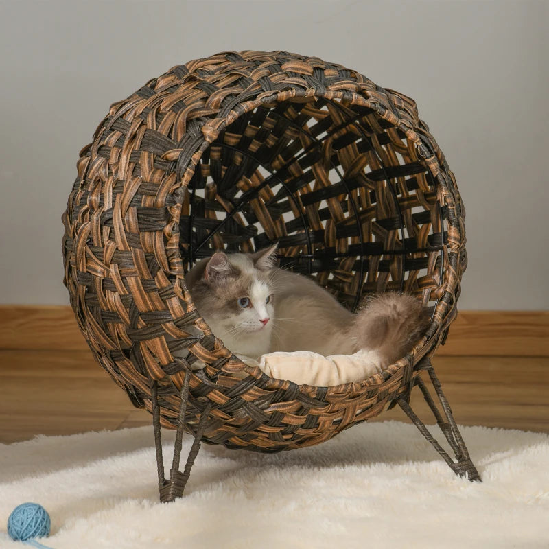 PawHut 20.5" Rattan Cat Bed, Elevated Wicker Kitten House Round Condo with Cushion, Brown