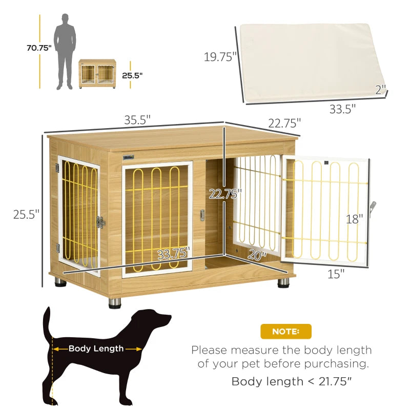 PawHut Wooden Dog Crate, Indoor Dog Kennels with Cushion Drawer Bowl Storage for Small Dogs, 37.5" x 23" x 27.5", Natural