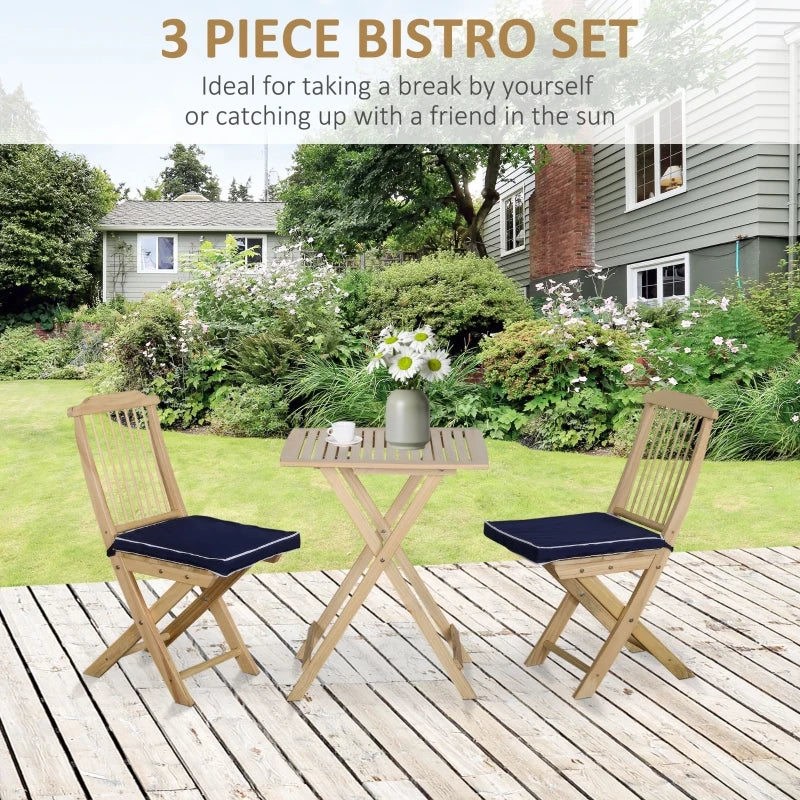 Outsunny 3 Pieces Patio Folding Bistro Set, Outdoor Pine Wood Table and Chairs Set with Tie-on Cushion & Square Coffee Table, Great for Indoor, Poolside, Garden, Dark Blue