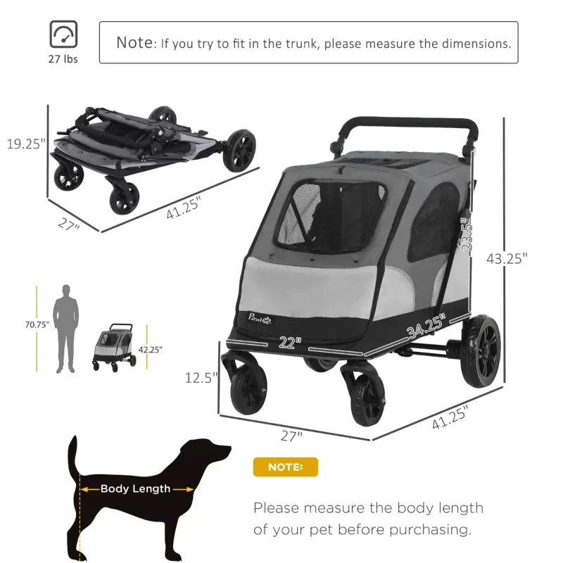 PawHut Pet Stroller Foldable Dog Cat Travel Pushchair with Adjustable Handlebar EVA Wheel Brake Storage Bag Safety Leash Mesh Window, Grey