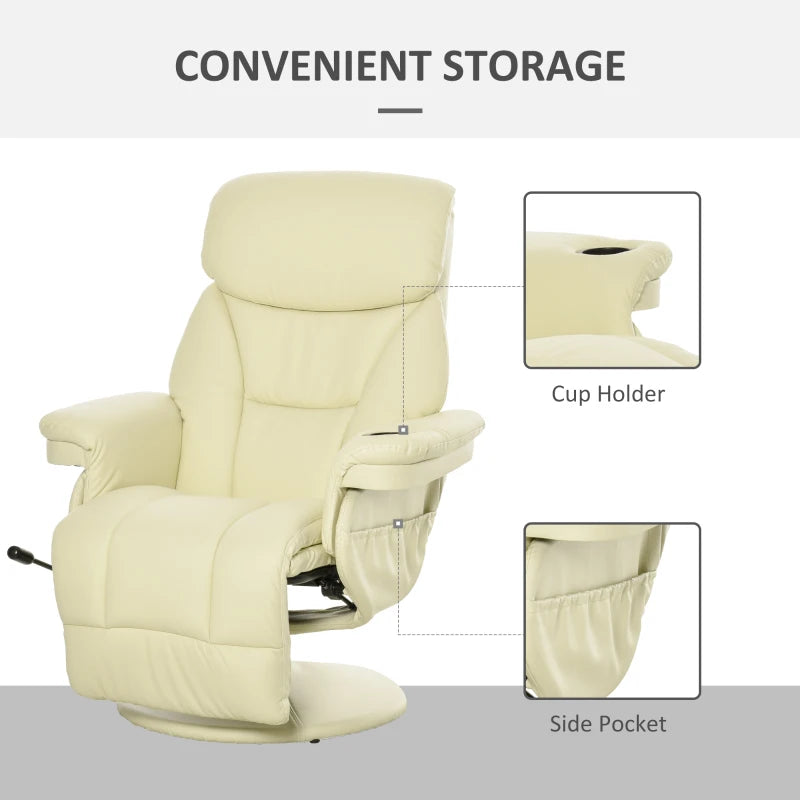 HOMCOM Manual Recliner, Swivel Lounge Armchair with Side Pocket, Footrest and Cup Holder, Cream White