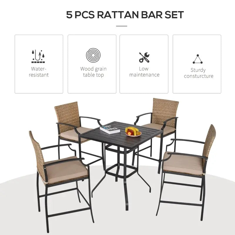 Outsunny 5 PCs Rattan Wicker Bar Table Chair Set, 4 Bar Chairs and 1 Wood Grain Top Bar Table, Mixed Brown