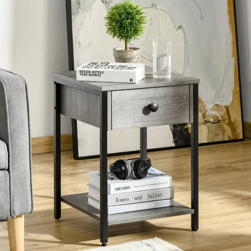 HOMCOM Industrial Side Table, End Table with Drawer and Storage Shelf for Living Room, Bedroom, Gray