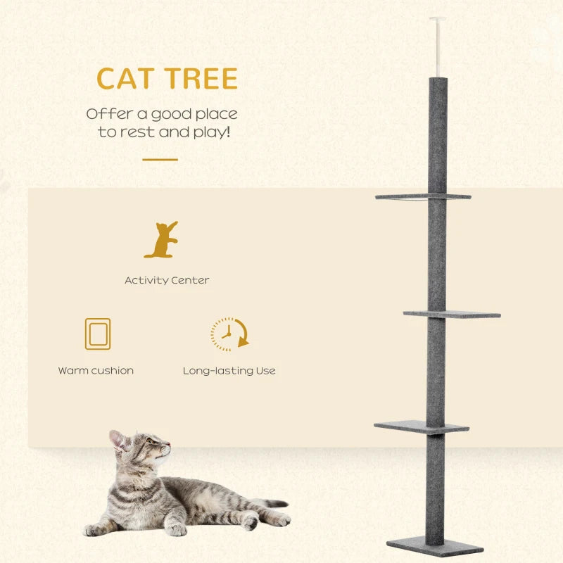 PawHut Floor-to-Ceiling Cat Tree Cat Climbing Tower with Sisal-Covered Scratching Posts Natural Cat Tree Activity Center, Grey