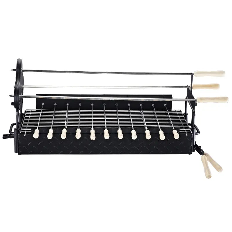 Outsunny 35" Charcoal BBQ Grill and Smoker Combo 2 in 1 Portable Rotisserie with Large/Small Skewers Included and 4 Wheels for Portability