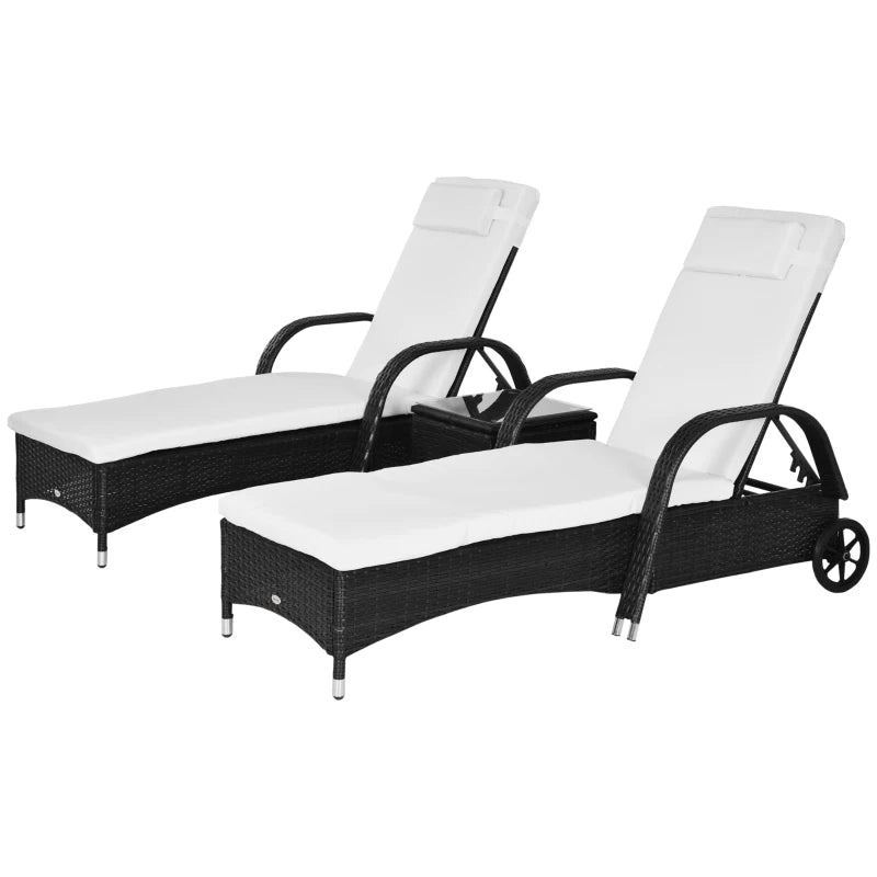 Outsunny 3 Pieces Patio Wicker Chaise Lounge Chair Set, Adjustable Outdoor PE Rattan Cushioned Lounge Set of 2 with Armrests, Side Table & Moving Wheels, Black