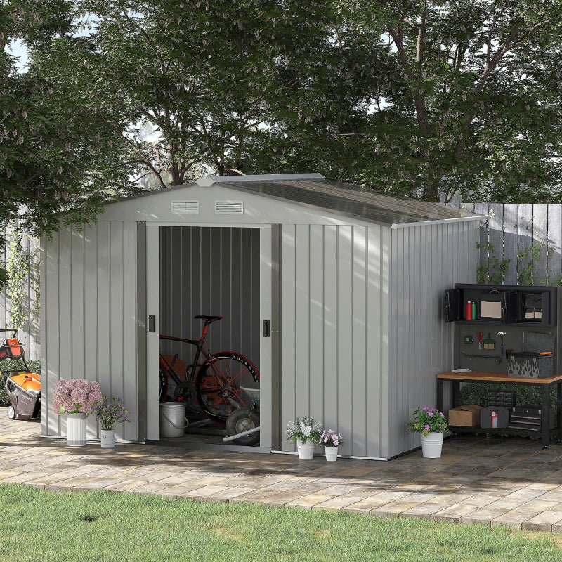 Outsunny 9' x 6' Metal Storage Shed Garden Tool House with Double Sliding Doors, 4 Air Vents for Backyard, Patio, Lawn Grey