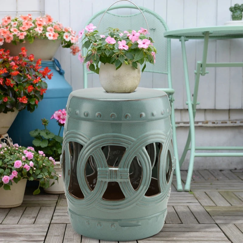 Outsunny 14" x 17" Ceramic Side Table Garden Stool with Knotted Ring Design & Glazed Strong Materials, Green