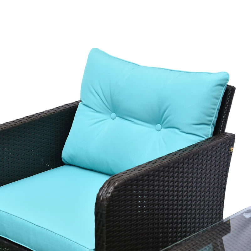 Outsunny 5 Pieces Rattan Wicker Lounge Chair Outdoor Patio Conversation Set with 2 Cushioned Chairs, 2 Ottomans & Tempered Glass Top Coffee Table, Blue