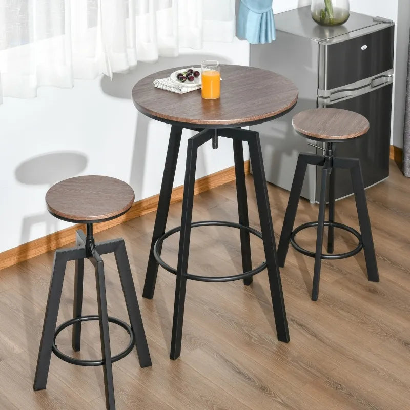 HOMCOM 3 Piece Industrial Adjustable Dining Table Set, Bar Height Bistro Table and Swivel Pub Stools for Small Space