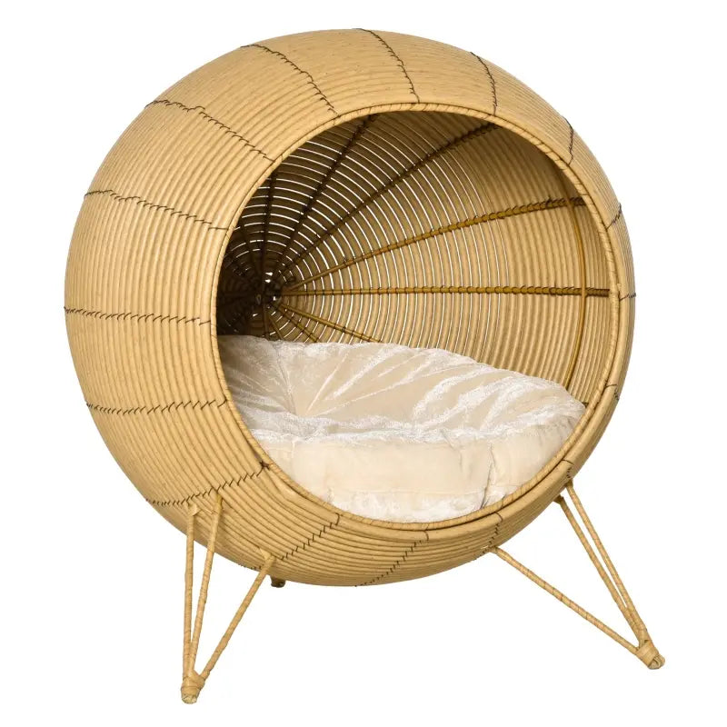 PawHut Natural Rattan Cat House Pet Basket Dome and Cushion Bed with Metal Tripod for Stability, 20.5"