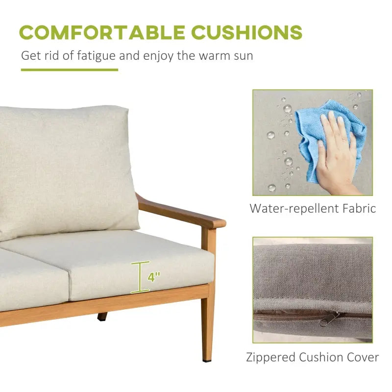 Outsunny 4-Piece Patio Furniture Set Aluminium Garden Conversation Sofa Set with Coffee Table and Soft Cushions, Khaki