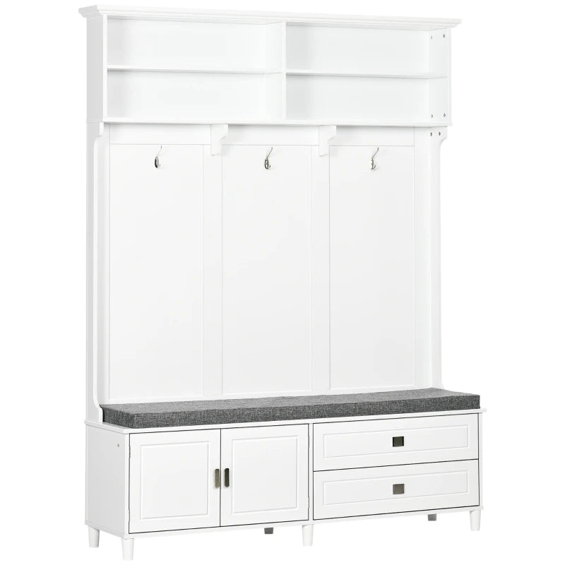 HOMCOM Hall Tree with Storage Bench, Entryway Bench with Coat Rack, Accent Coat Tree with Storage Shelves, Cabinet and Drawers, White