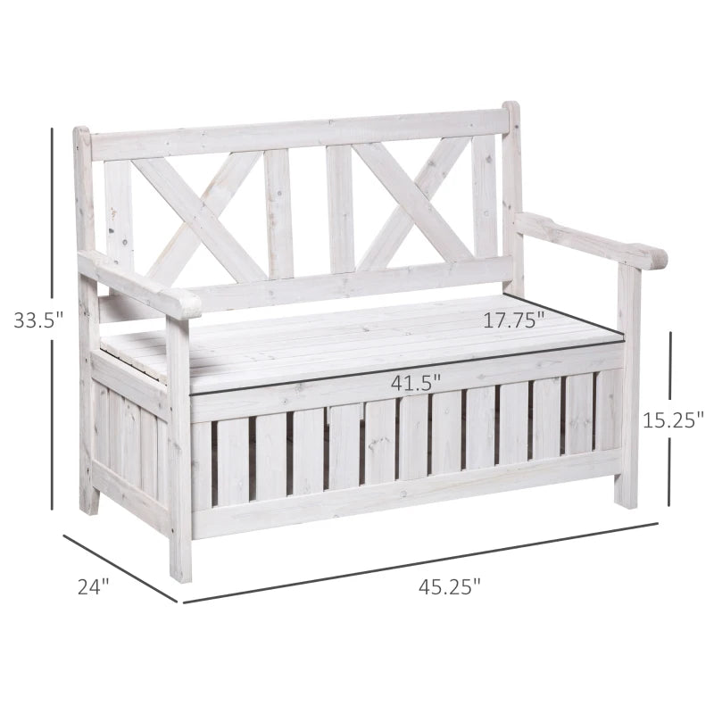 Outsunny 29 Gallon Garden Storage Bench with Wooden Frame, Large Entryway Deck Box w/ Unique X-Shape Back, Louvered Side Panels for Patio, Garden, Deck, Porch & Balcony, White