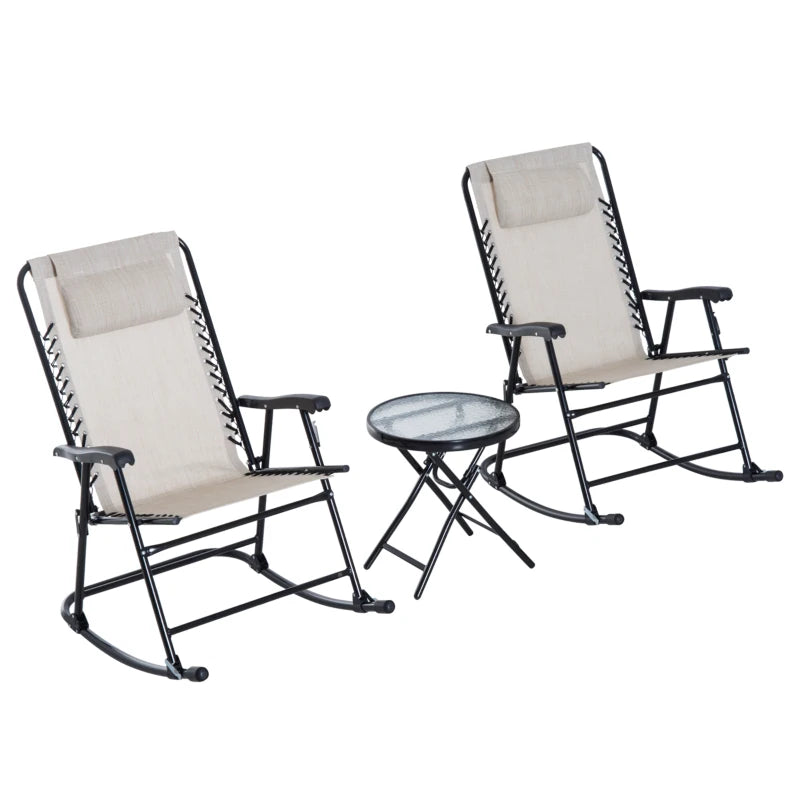 Outsunny Outdoor Folding Rocking Chair Patio Table Seating Set, 2 Rocking Chairs with Armrests and 1 Side Table with Tempered Glass - Grey