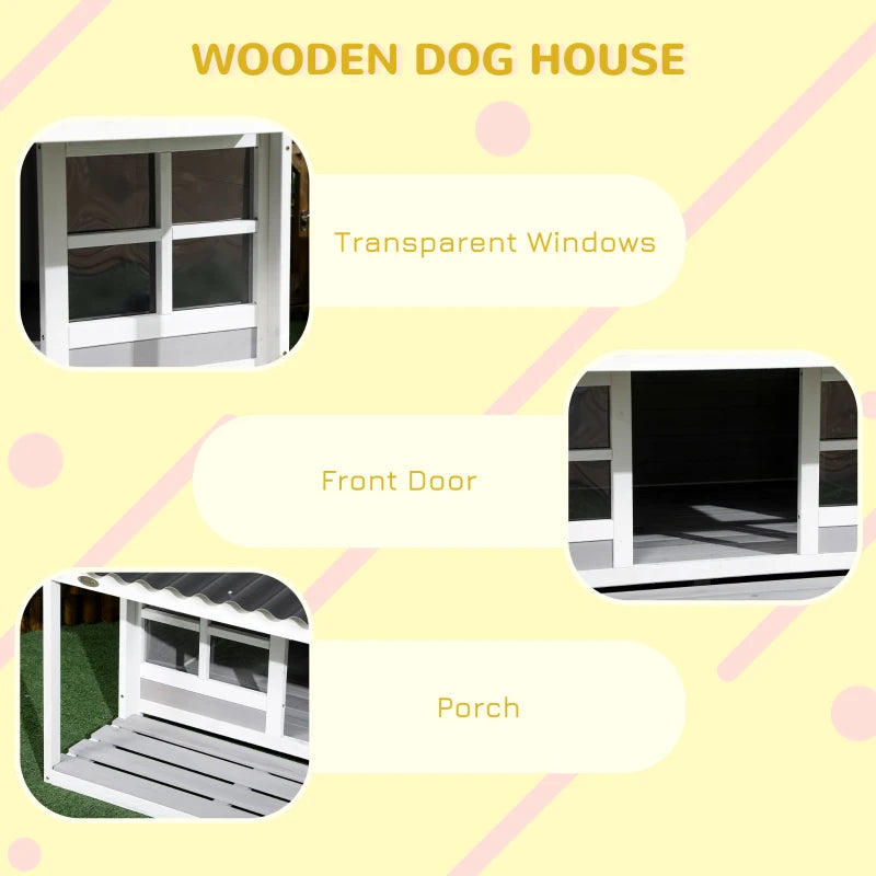 PawHut Dog House Outdoor with Openable Top, Raised Weather Resistant Dog Shelter with Front Door, PVC Curtain, Porch for Medium Sized Dog, Gray