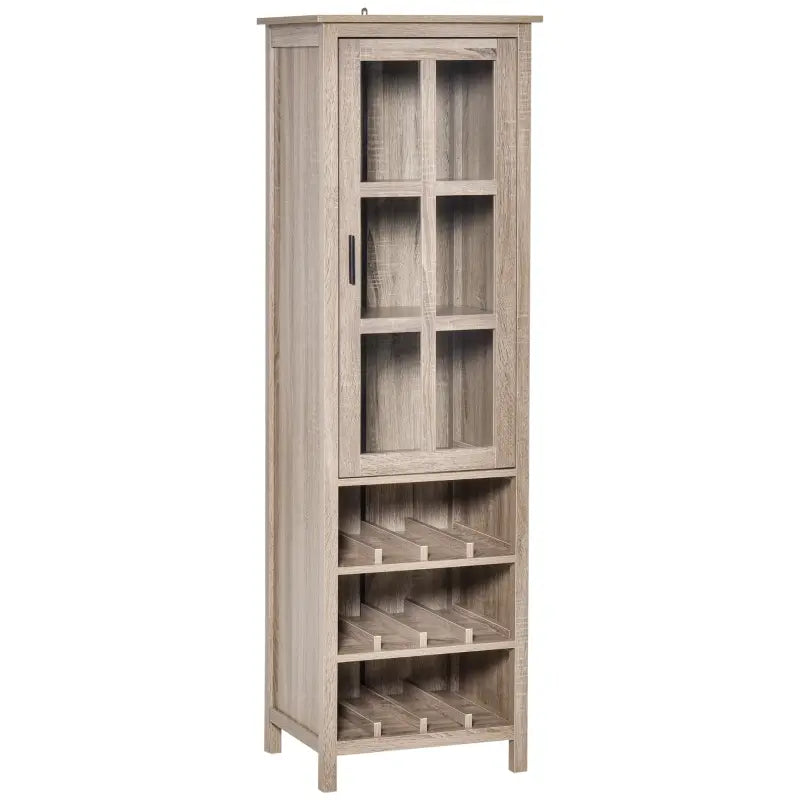 HOMCOM Tall Wine Cabinet, Bar Display Cupboard with 12-Bottle Wine Rack, Glass Door and 3 Storage Compartment for Living Room, Home Bar, Dining Room, Grey Oak