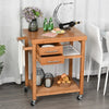 HOMCOM Bamboo Kitchen Island Cart on Wheels, Utility Trolley Cart with 2 Storage Drawers and Open Shelves, Natural