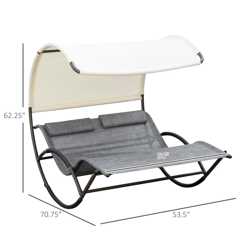 Outsunny Outdoor Double Chaise Rocking Chair, Day Bed Sun Lounger with Canopy Shade, Headrest Pillow, Armrests for Garden, Poolside, Light Gray