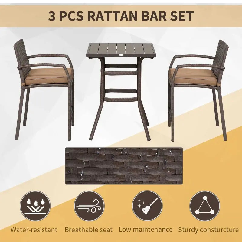 Outsunny 3 PCS Rattan Wicker Bar Set with Wood Grain Top Table and 2 Bar Stools for Outdoor, Patio, Poolside, Garden, Grey