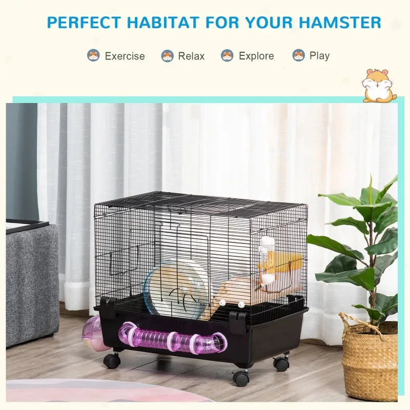 PawHut Large Hamster Cage and Habitat, 2-Level Steel Rat Cage, Small Animal House, with Tube Tunnels, Exercise Wheel, Water Bottle, Food Dish, Hut, Ladder, Top Handle, 23" x 14" x 14", Red