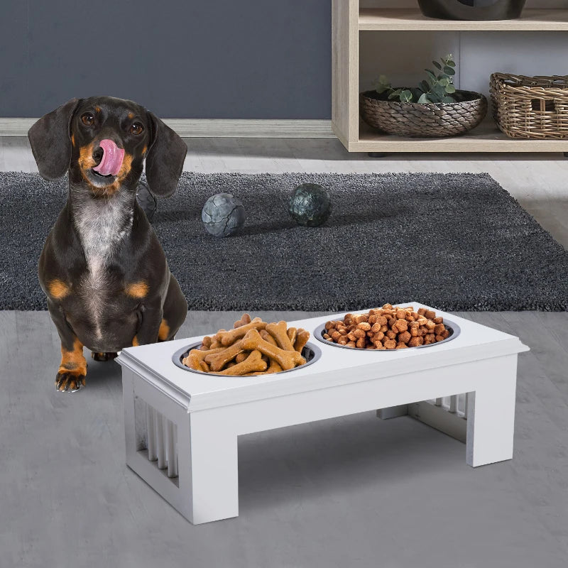 PawHut 6 Height Small Puppy Dog Feeding Station for Messy Pets, Stainless  Steel Elevated Dog Bowls with Modern Wooden Frame, Dog Food Stand Pet