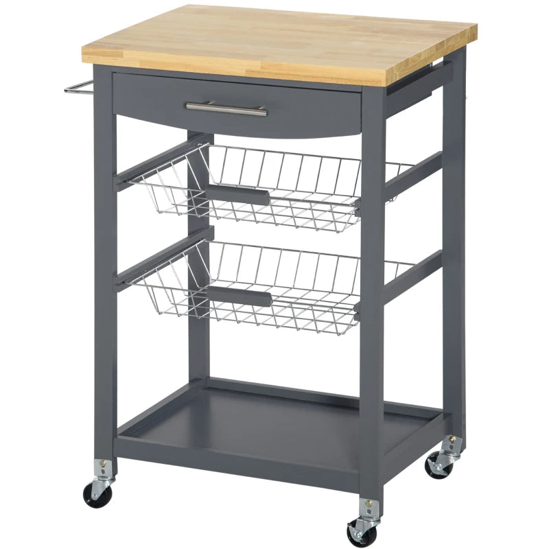 HOMCOM 3-Tier Kitchen Cart, Utility Cart with Solid Wood Top, Steel Basket, Rolling Kitchen Island with Drawer, Microwave Stand, Gray
