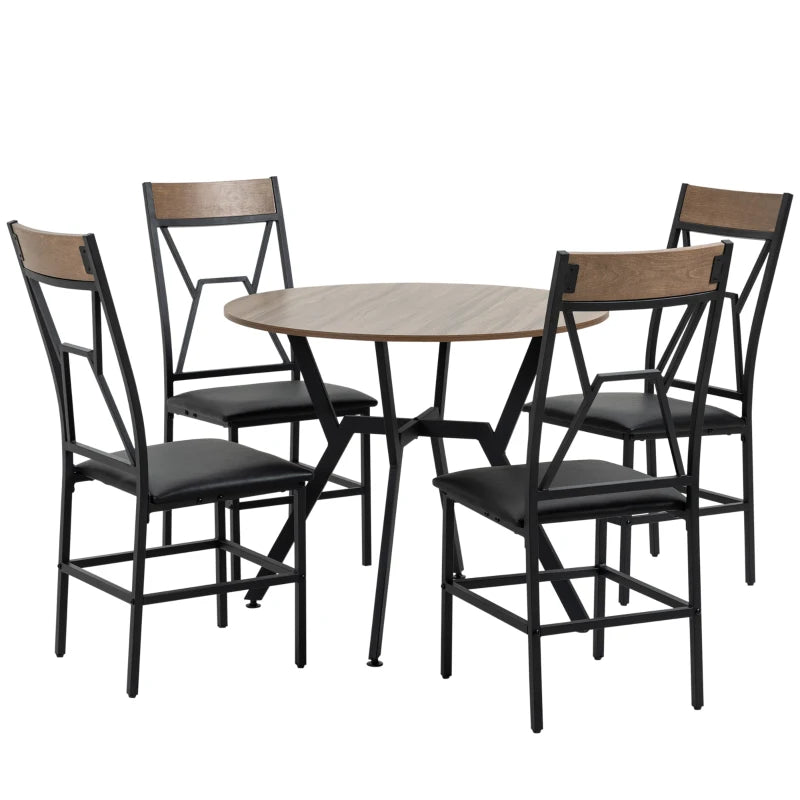 HOMCOM Industrial Dining Table Set for 4, Space-Saving 5 Piece Kitchen Table and Chairs with Round Table, Padded Seat and Steel Frame, Brown